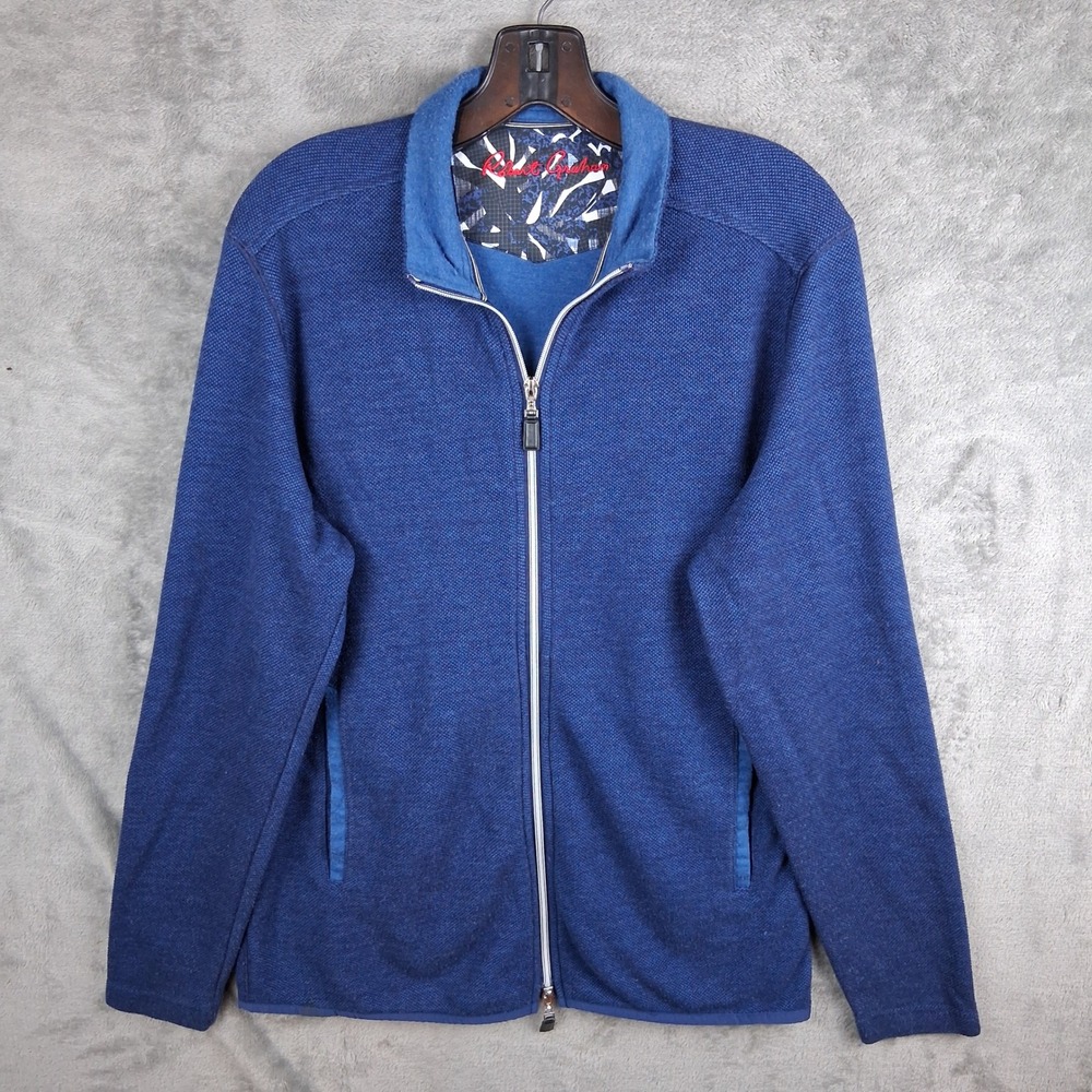 Robert Graham Mens Medium Blue Full Zip Mock Neck Knit Sweater Classic Fit